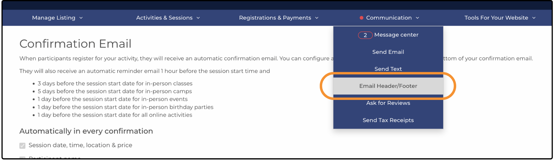 Communication menu open with Email Header/Footer highlighted on the Confirmation Email page