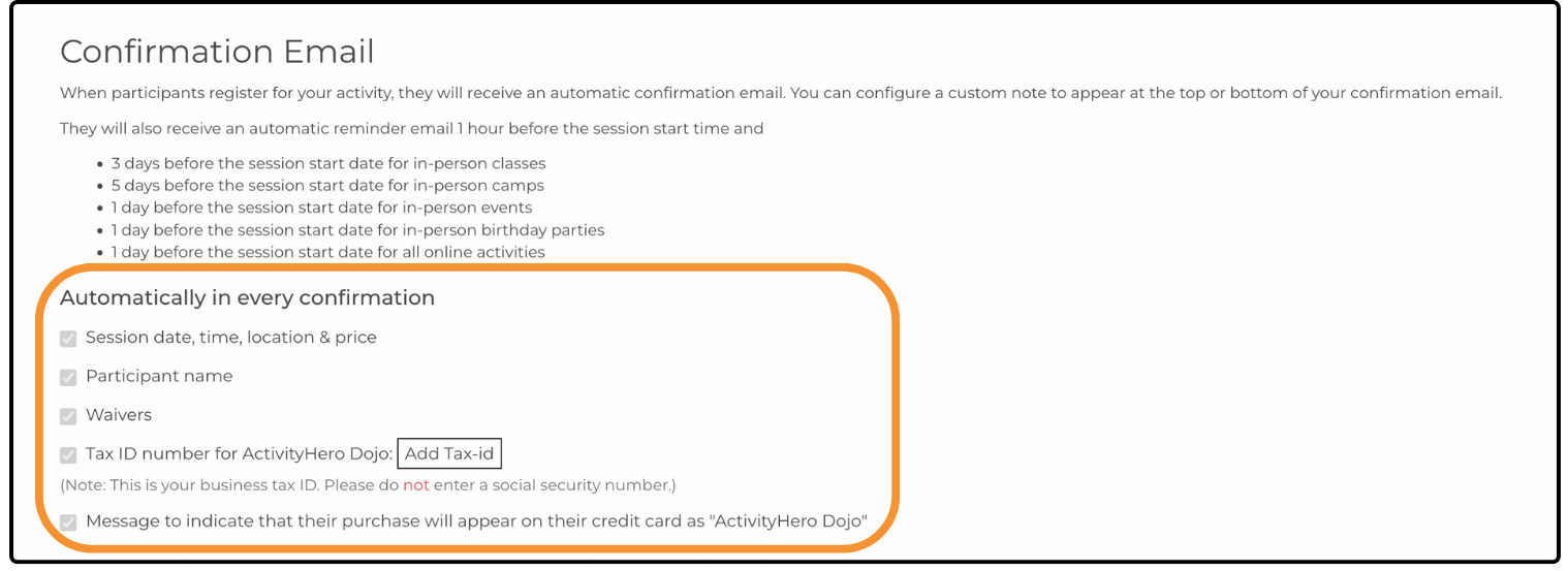 Confirmation Email page highlighting the Automatically in every confirmation section