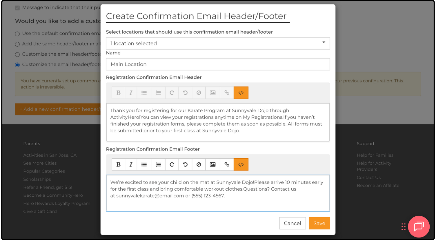 Create Confirmation Email Header/Footer dialog with a location, name, header, and footer entered