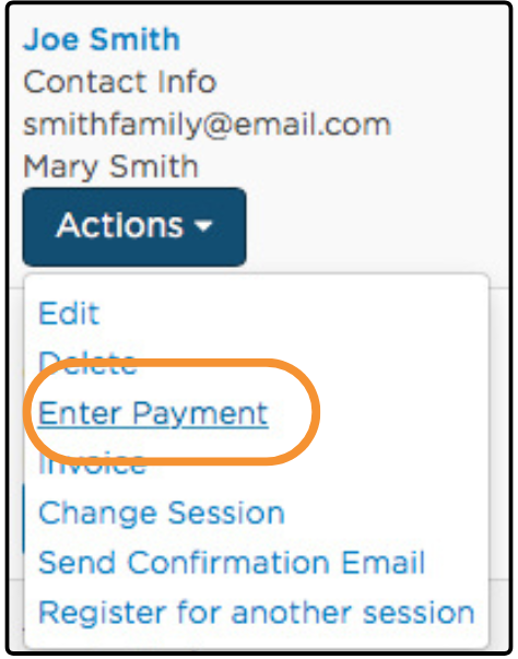 Actions menu open on a registration with Enter Payment highlighted