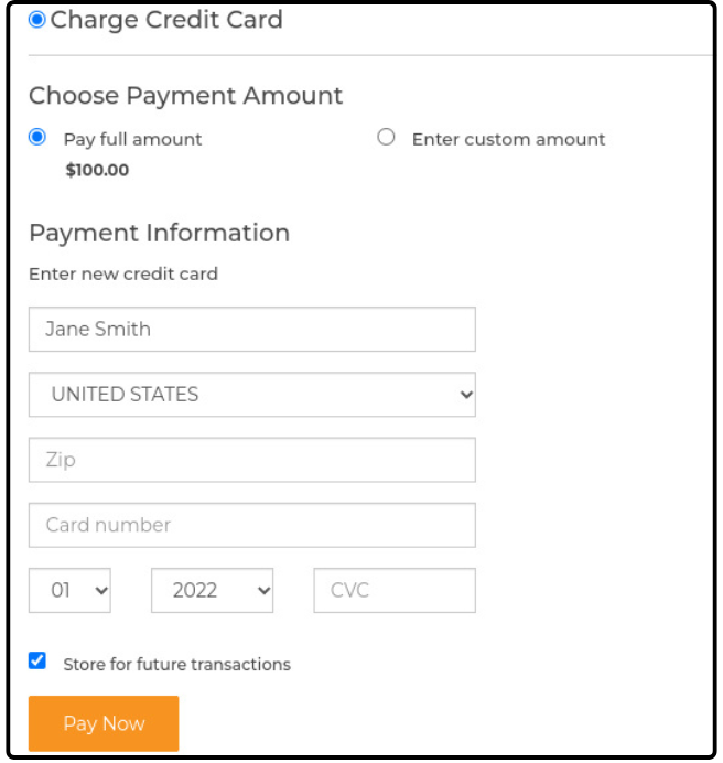Charge Credit Card form with payment amount options, card fields, and Pay Now