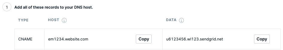 SendGrid instructions listing a CNAME record with Host and Data values to copy