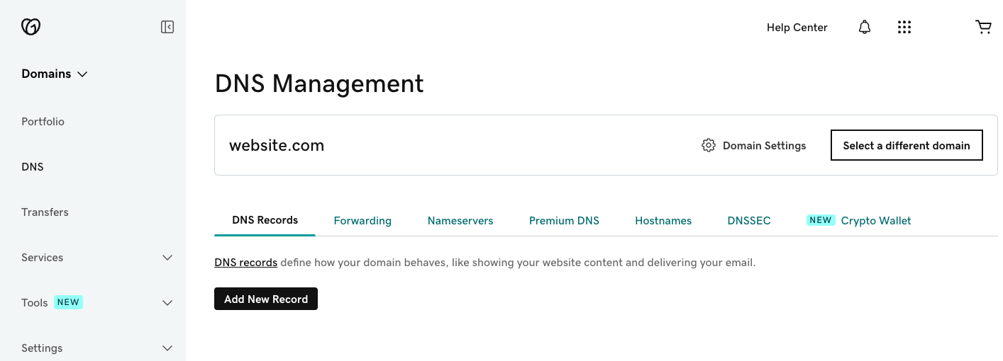 GoDaddy DNS Management page on the DNS Records tab with Add New Record available