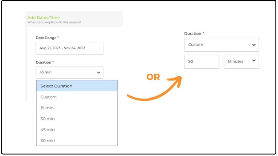 Add Dates/Time section with the Duration menu open and a custom 90 minute duration