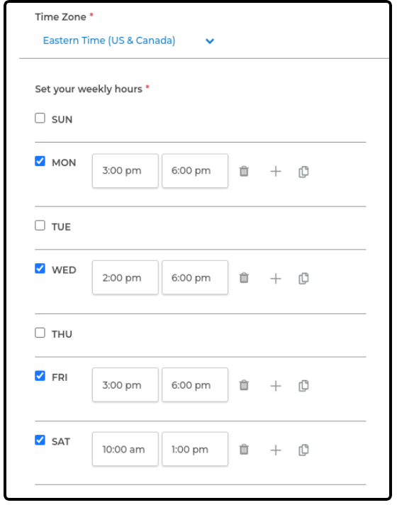 Time Zone field and Set your weekly hours with times set for four days