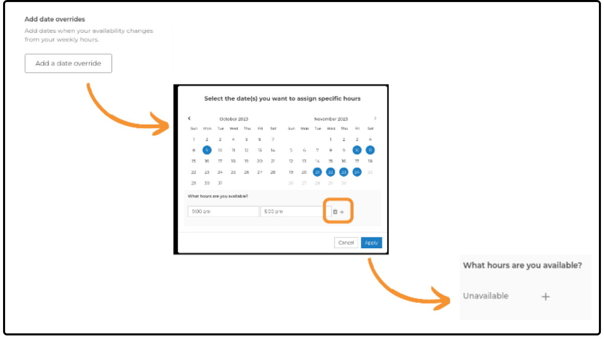Add date overrides section with the date picker for assigning specific hours