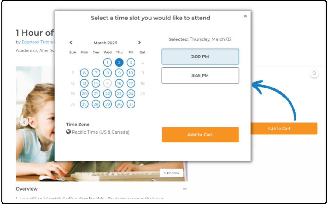 Family view of an activity with the time slot picker and Add to Cart