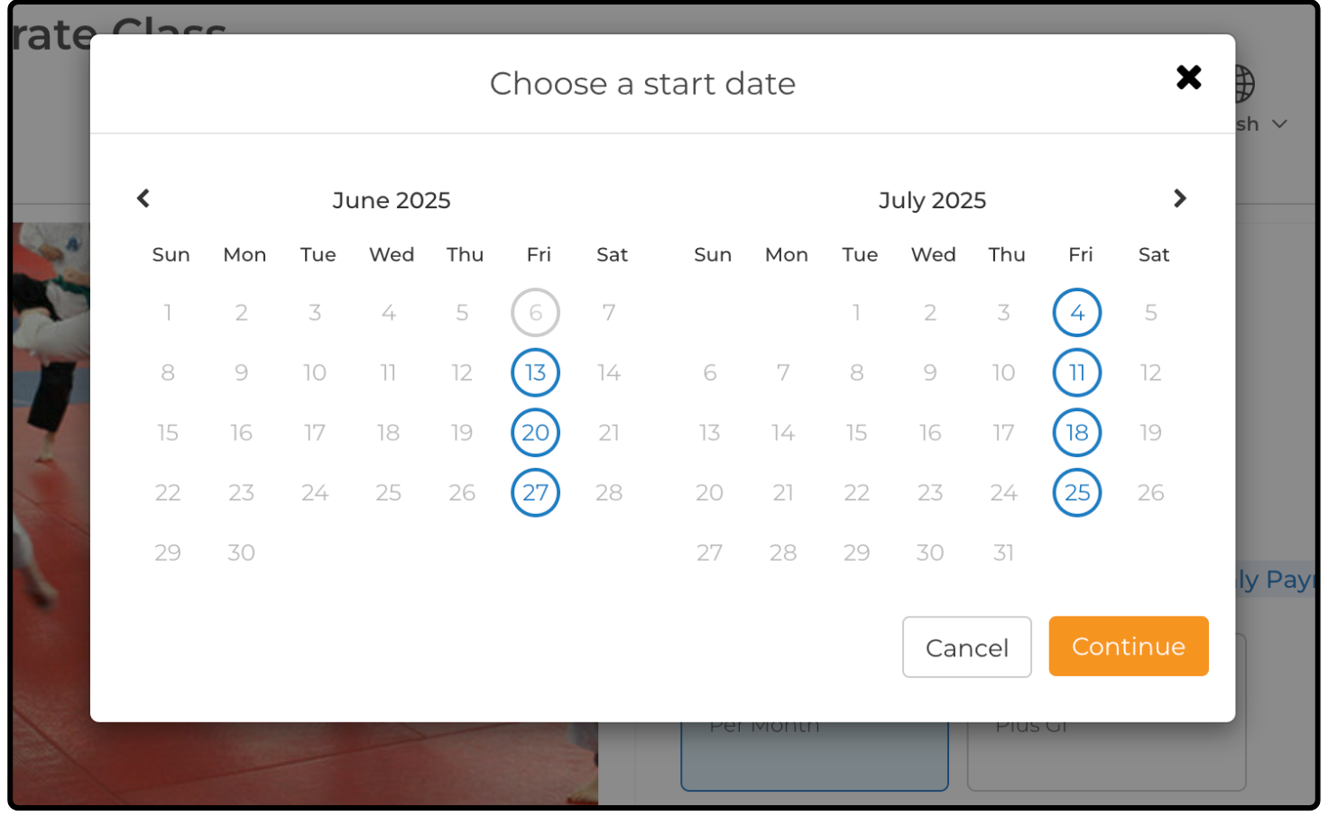 Choose a start date calendar showing two months with selectable dates circled