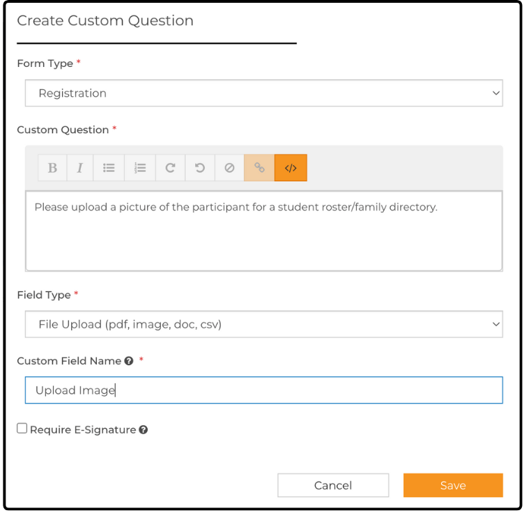 Create Custom Question page with Field Type set to File Upload and a Custom Field Name typed in