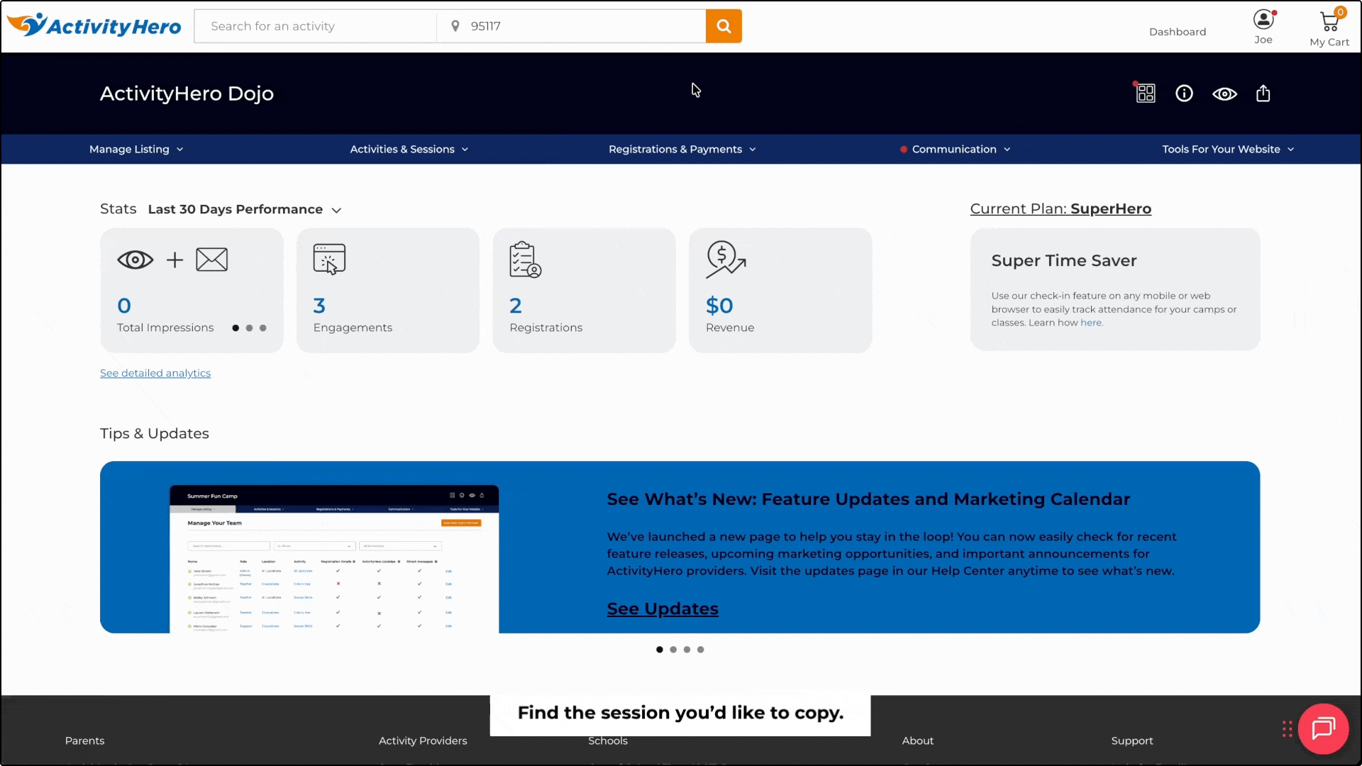 Walkthrough of selecting a session and using Copy in Sessions & Content Manager