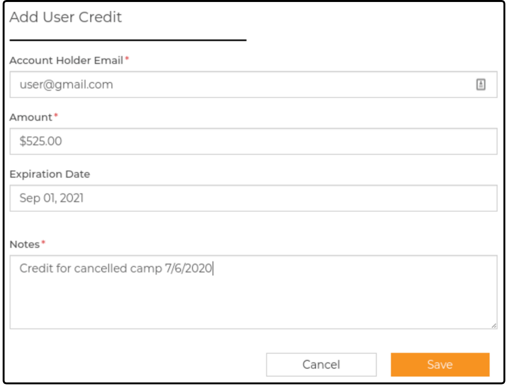 Add User Credit dialog with Account Holder Email, Amount, Expiration Date, and Notes fields