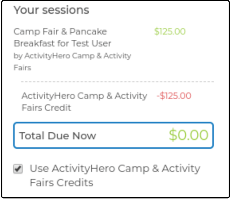Checkout cart with a provider credit applied and Total Due Now at $0.00