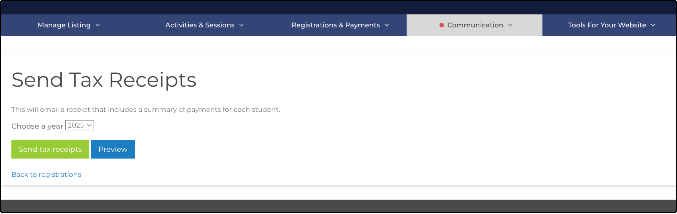 Send Tax Receipts page with the Choose a year dropdown set to 2025