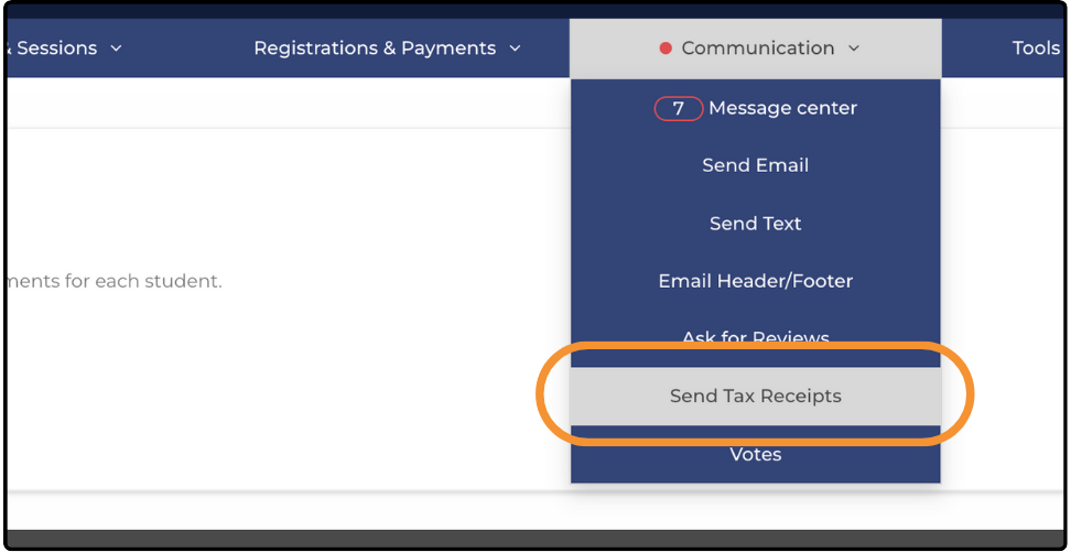 Communication menu expanded with Send Tax Receipts highlighted