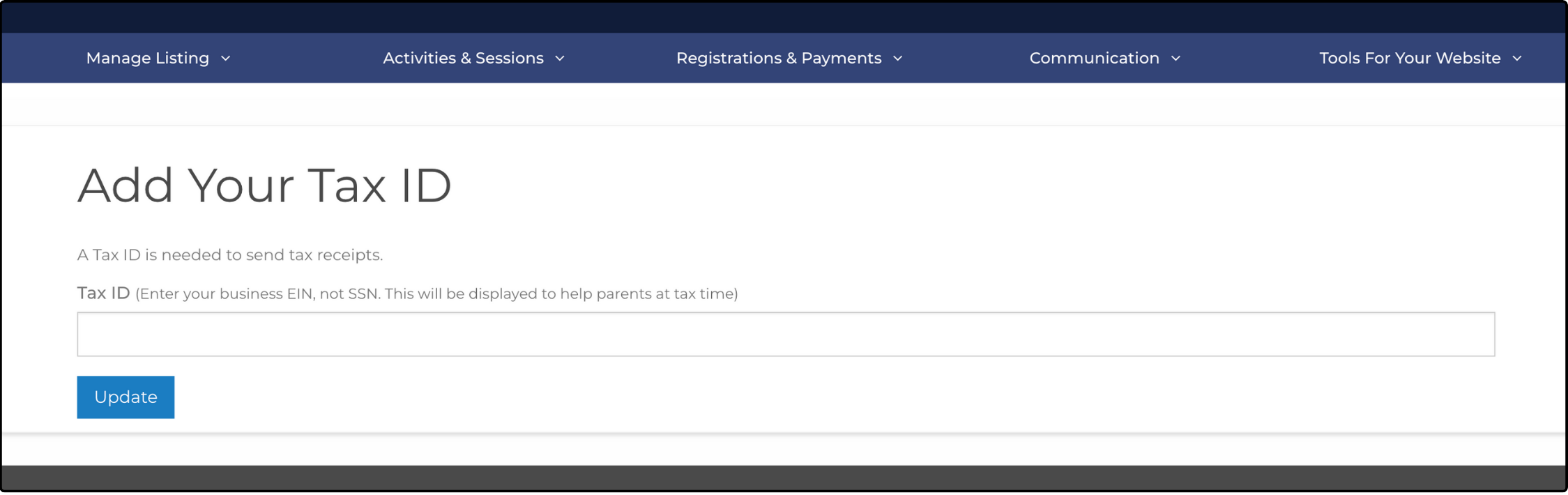 Add Your Tax ID page with an empty Tax ID field and Update