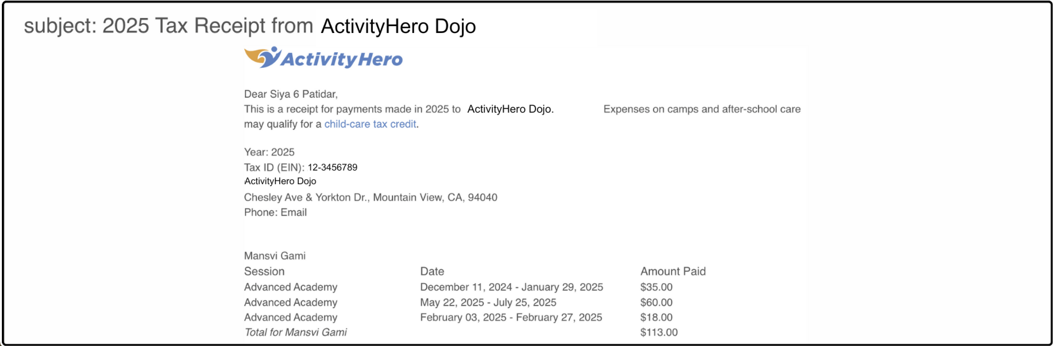 Sample tax receipt email listing year, Tax ID, sessions, dates, and amounts paid