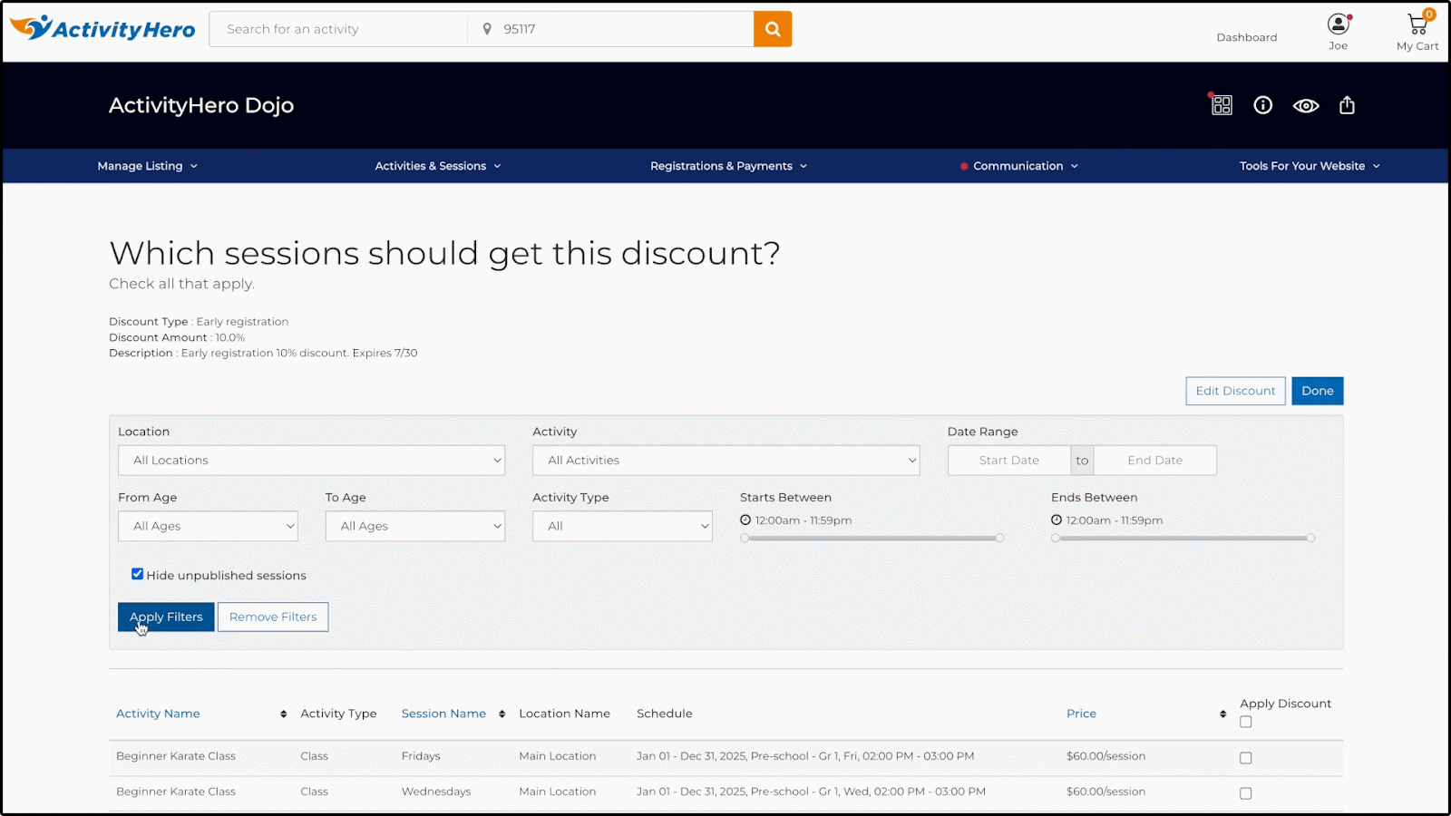 Session list with search filters and checkboxes in the Apply Discount column