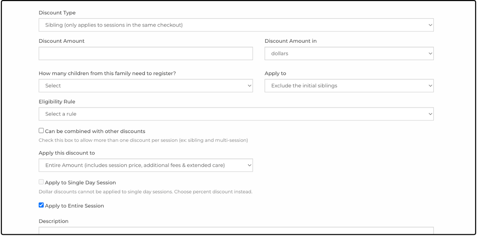 Add Discount fields for a Sibling discount, showing Apply to and Eligibility Rule