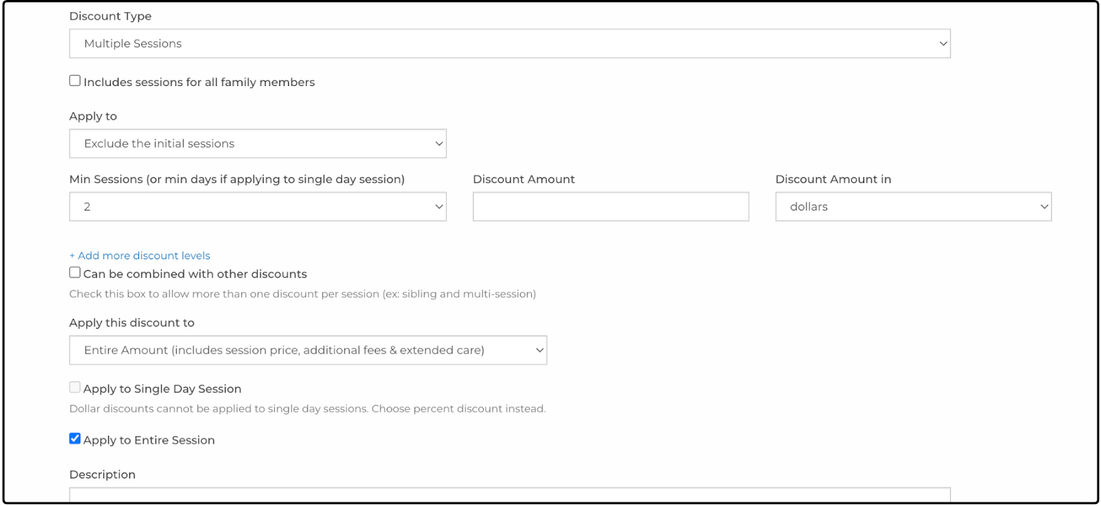 Add Discount fields for Multiple Sessions, showing Min Sessions and Add more discount levels
