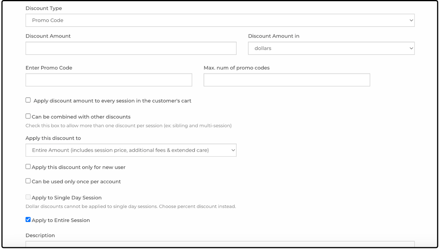 Add Discount fields for a Promo Code, showing Enter Promo Code and usage limits