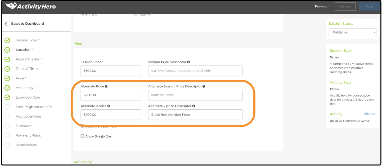 Price section of session setup with the Alternate Price and Descriptor fields highlighted