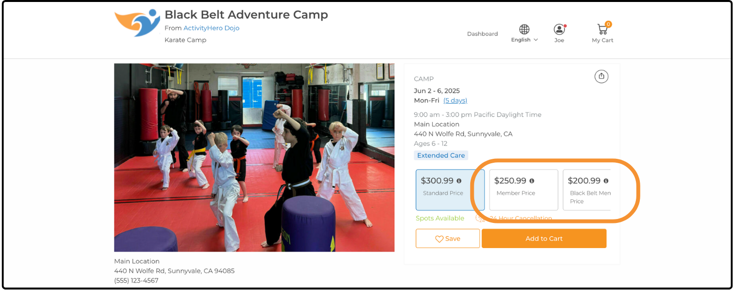 Camp listing page with the standard, member, and second member price options highlighted