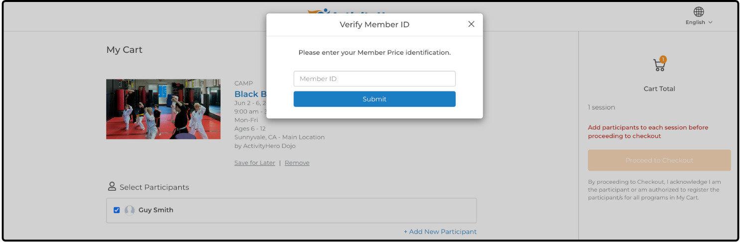 My Cart page with the Verify Member ID dialog open over the session