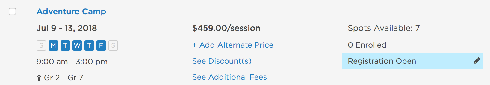 Camp session row with the Registration Open link highlighted