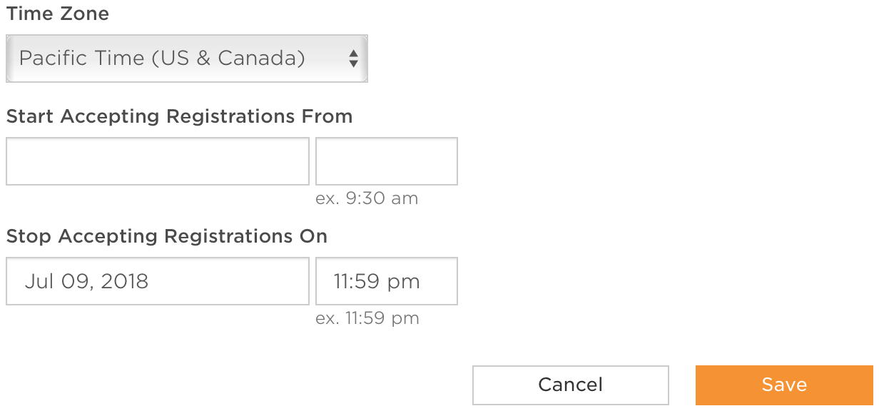 Registration date settings with Stop Accepting Registrations On set to a date and time