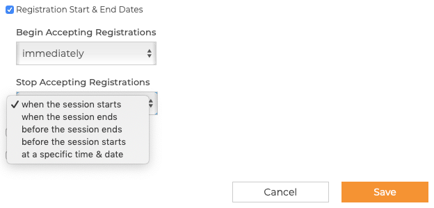 Bulk edit with Registration Start & End Dates selected and the Stop Accepting Registrations dropdown open