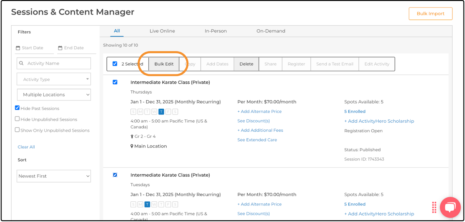 Sessions & Content Manager with two sessions selected and the Bulk Edit option highlighted