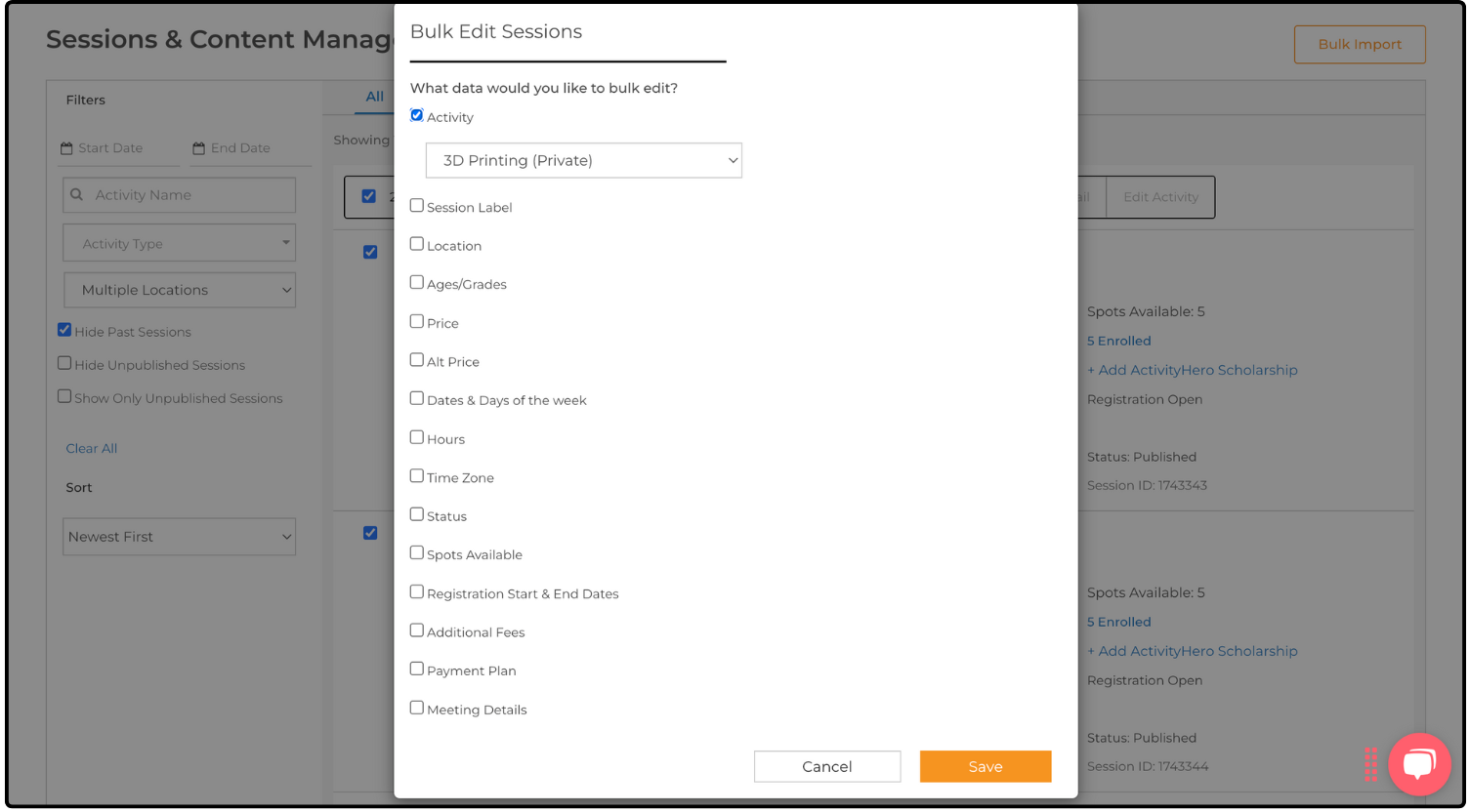 Bulk Edit Sessions dialog listing the editable fields, with Activity selected and an activity chosen