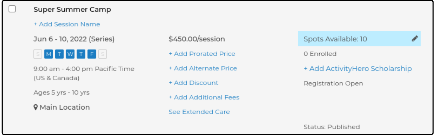 Session row in Sessions & Content Manager with Spots Available highlighted for inline editing