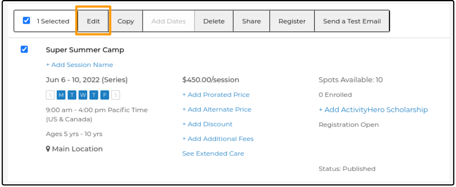 Sessions & Content Manager with a session selected and Edit highlighted in the toolbar