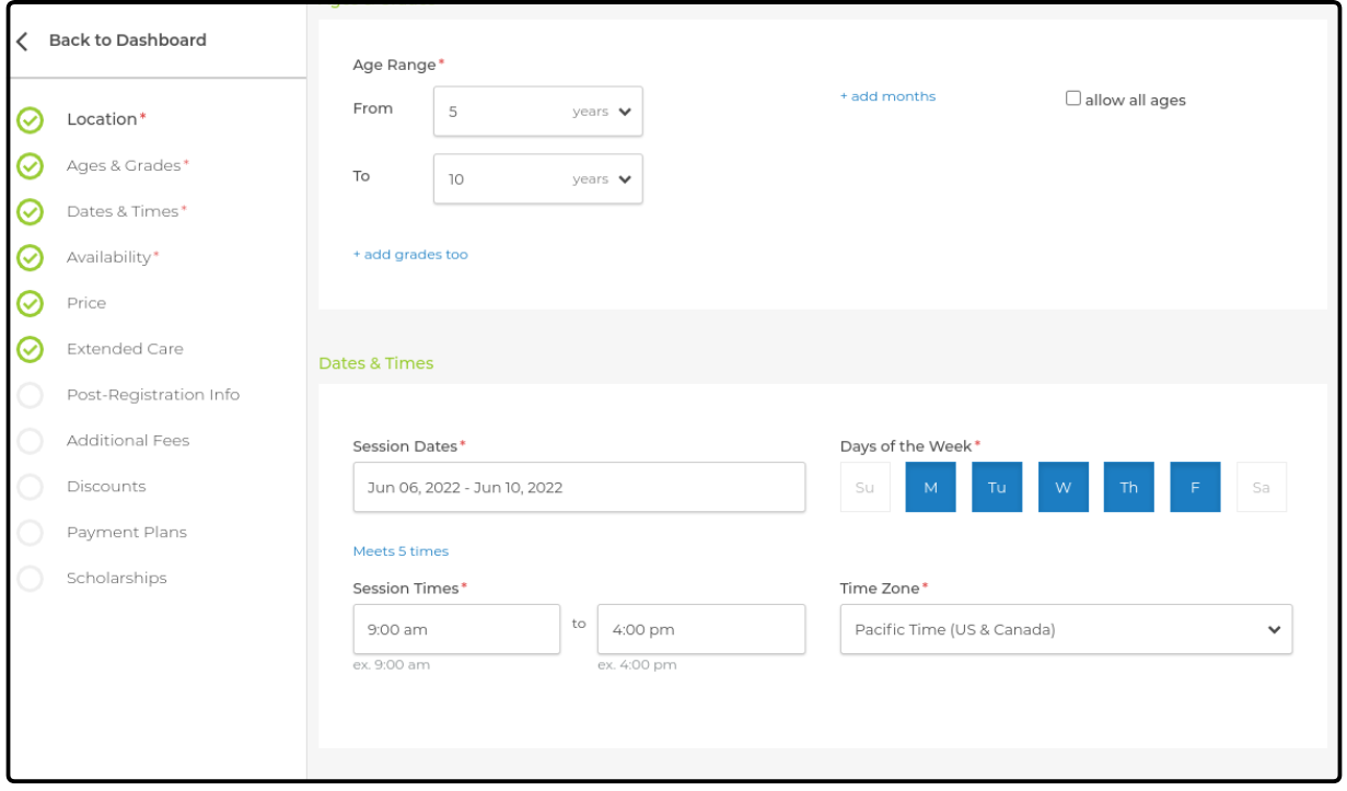 Session edit page with the Ages & Grades and Dates & Times sections