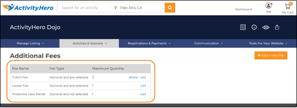 Additional Fees page listing three saved fees with Fee Type and Maximum Quantity