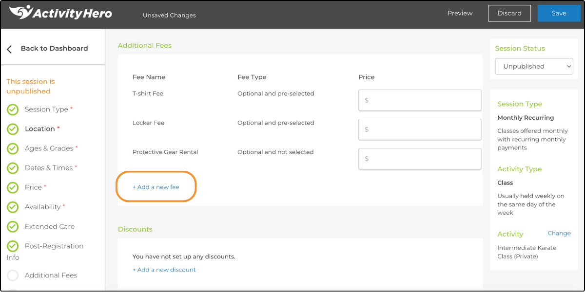 Additional Fees section of the session editor with + Add a new fee highlighted