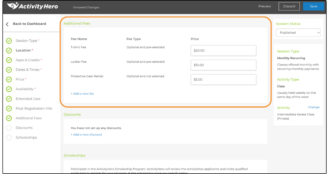 Additional Fees section of the session editor with prices entered for three fees