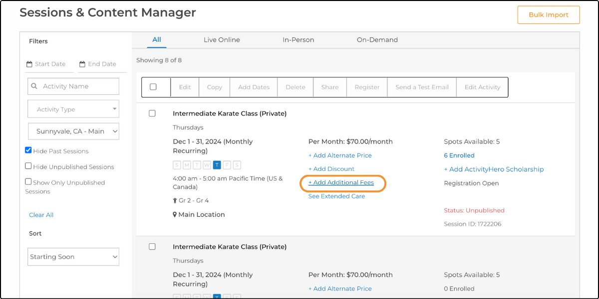 Sessions & Content Manager page with + Add Additional Fees highlighted on a session