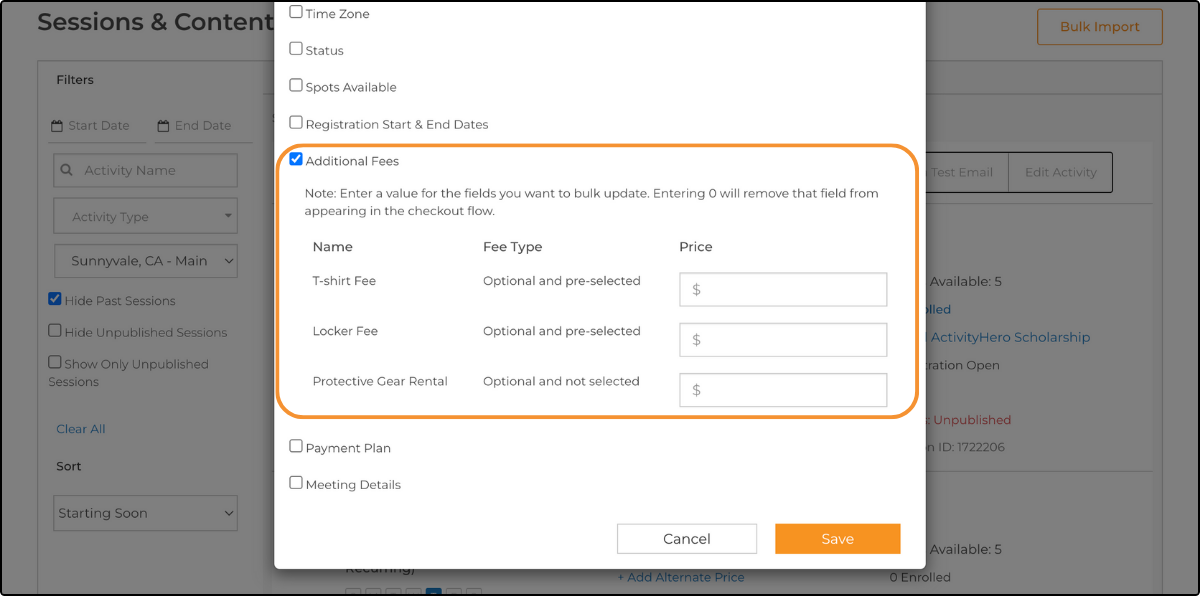 Bulk Edit dialog with the Additional Fees check box selected and empty price fields