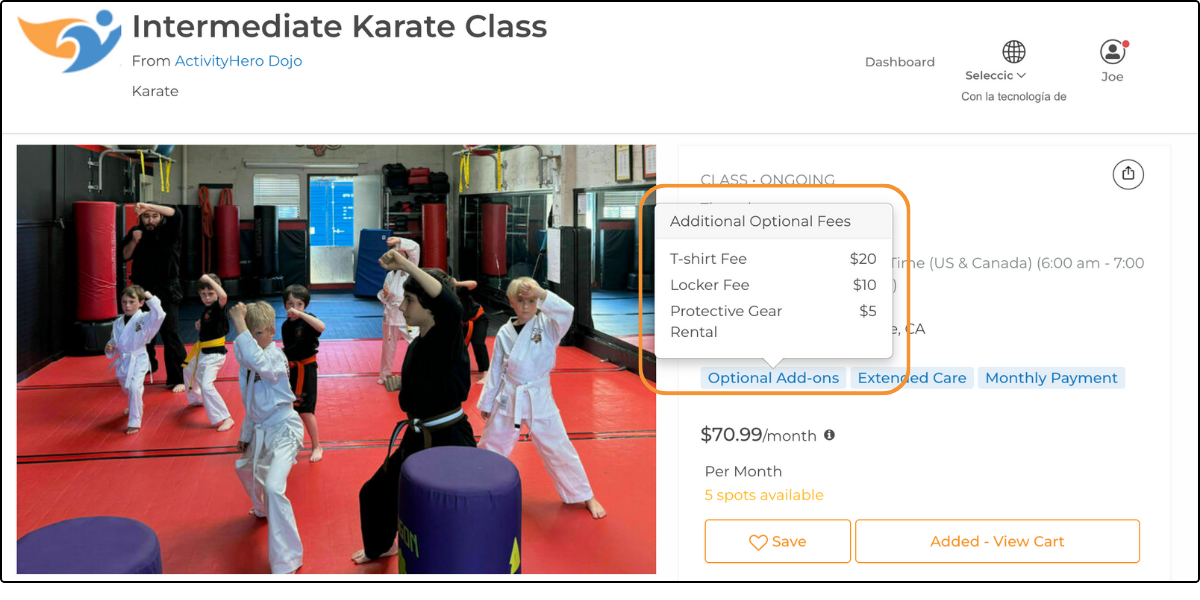 Activity preview page with the Optional Add-ons tooltip listing three fees and prices