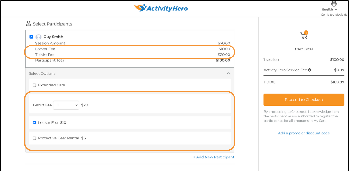 Checkout cart page with additional fees listed against the participant and cart total