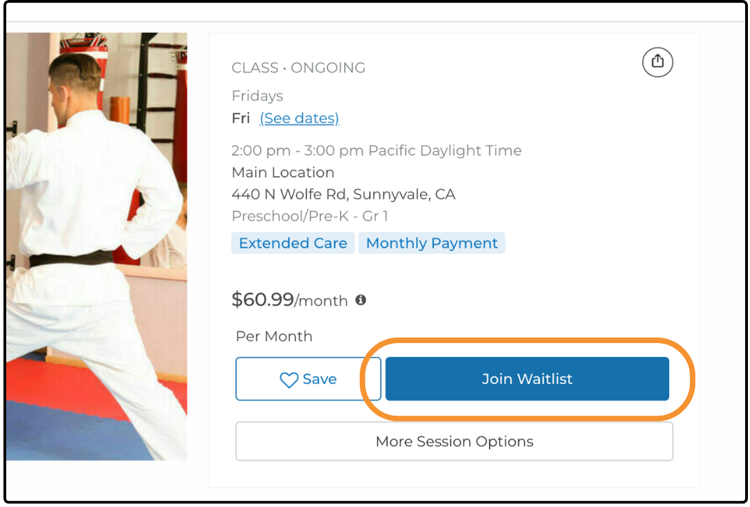 Public class listing with the Join Waitlist option highlighted in place of registration
