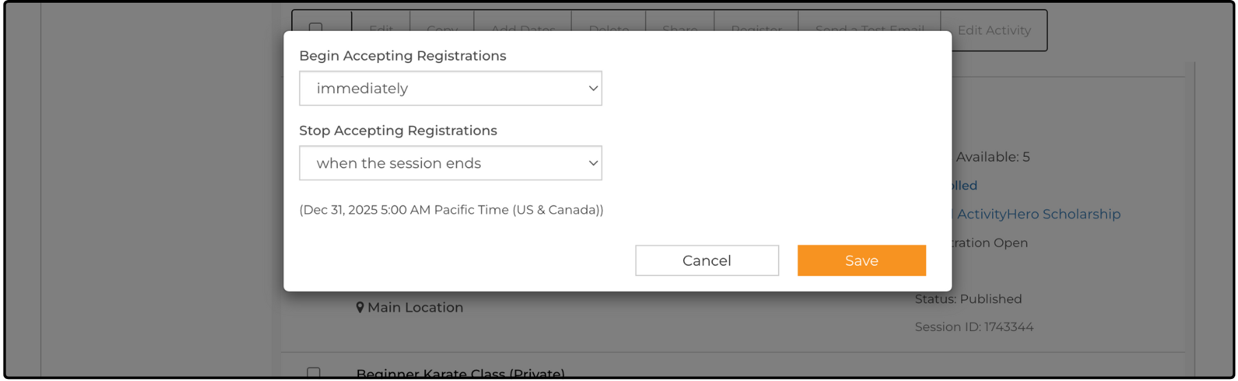 Registration window with the Begin Accepting Registrations and Stop Accepting Registrations dropdowns