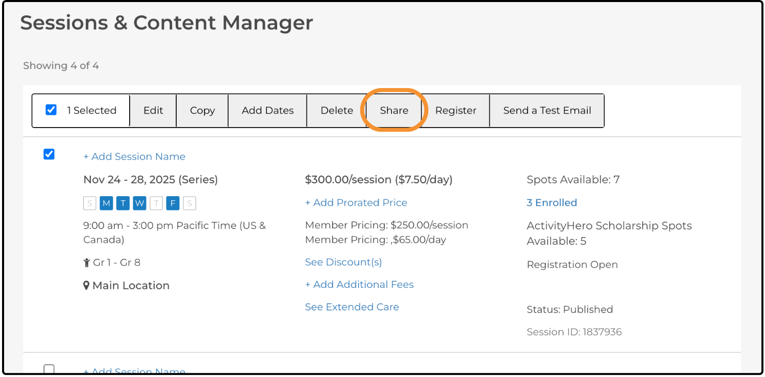 Sessions & Content Manager with one session selected and Share highlighted