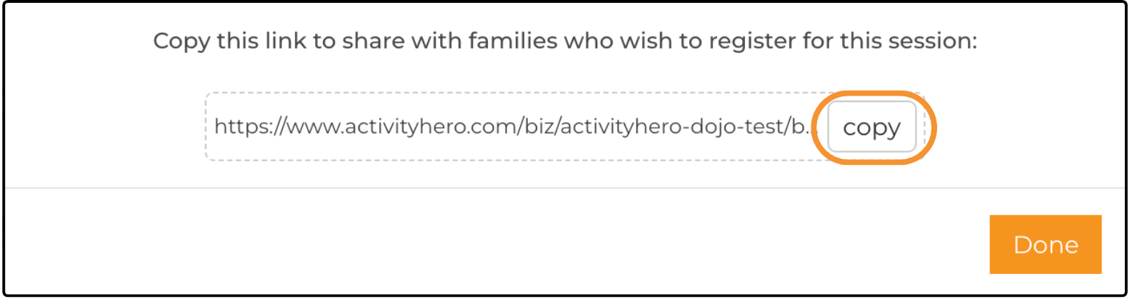 Share dialog with the session registration link and the copy option highlighted