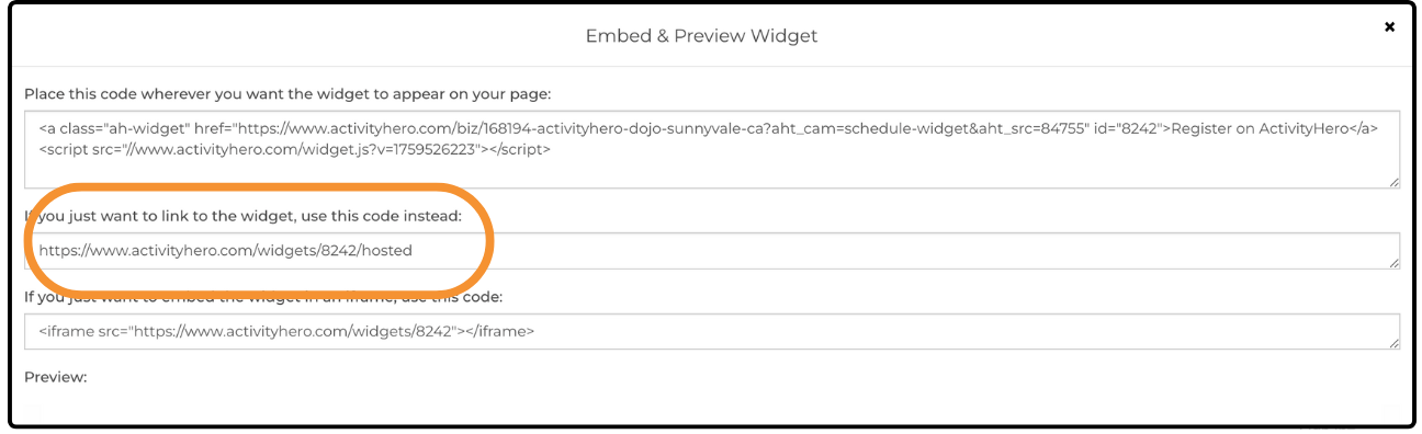 Embed & Preview Widget dialog with the direct widget link URL highlighted