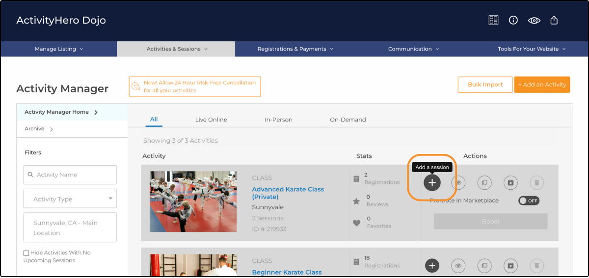 Activity Manager page with the Add a session plus icon highlighted on an activity