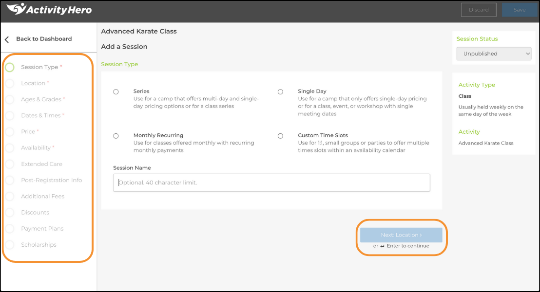 Add a Session page with the step menu and the Next: Location option highlighted