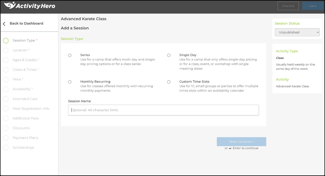 Session Type step with the four session type options and the Session Name field